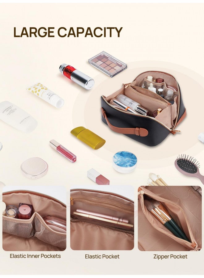 Telena Makeup Bag Large Capacity Travel Cosmetic Bag Portable PU Leather Water Resistant Makeup Organizer Bags for Women with Handle and Divider Open Flat Black with Brown - Image 2