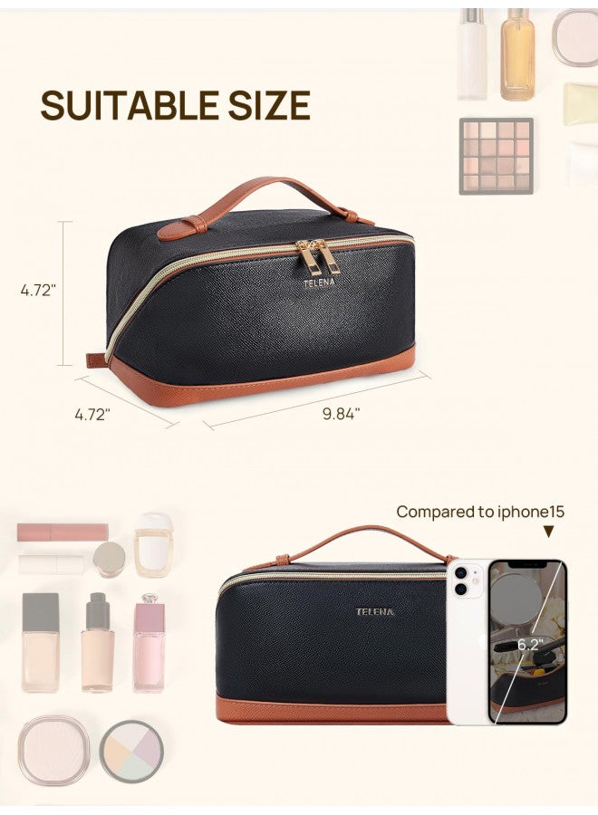 Telena Makeup Bag Large Capacity Travel Cosmetic Bag Portable PU Leather Water Resistant Makeup Organizer Bags for Women with Handle and Divider Open Flat Black with Brown - Image 5