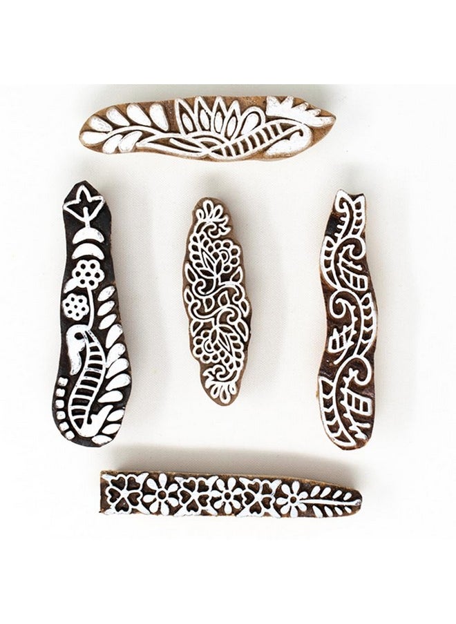 Hashcart Hashcart | Set of 5 | Wood Block Printing Stamps Decorative Floral Design Fabric Stamps for Saree Border Scrapbook DIY Craft Card Making, Clay, Pottery  - Image 1