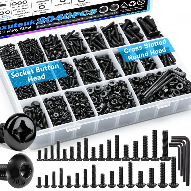 mxuteuk 2040PCS Metric Screws Nuts and Bolts Assortment Kit,M2 M3 M4 M5 M6 Machine Screws,Black Zinc Plated Hex Socket Button Head & Cross Slotted Round Head Screw for 3D Printing,DIY Projects - Image 1