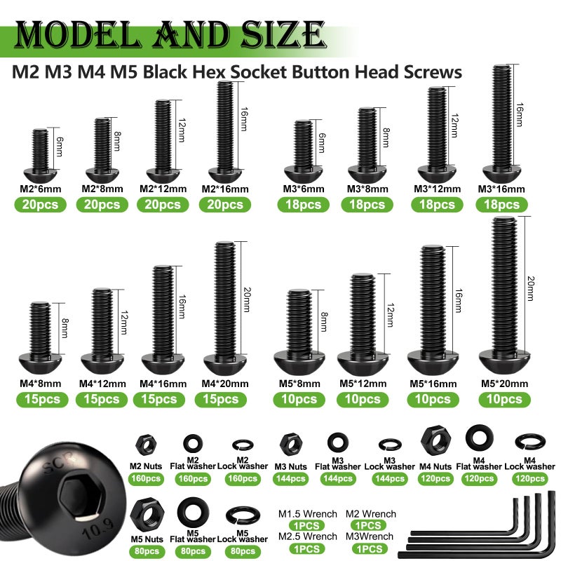 mxuteuk 2040PCS Metric Screws Nuts and Bolts Assortment Kit,M2 M3 M4 M5 M6 Machine Screws,Black Zinc Plated Hex Socket Button Head & Cross Slotted Round Head Screw for 3D Printing,DIY Projects - Image 2