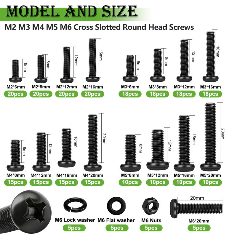 mxuteuk 2040PCS Metric Screws Nuts and Bolts Assortment Kit,M2 M3 M4 M5 M6 Machine Screws,Black Zinc Plated Hex Socket Button Head & Cross Slotted Round Head Screw for 3D Printing,DIY Projects - Image 3