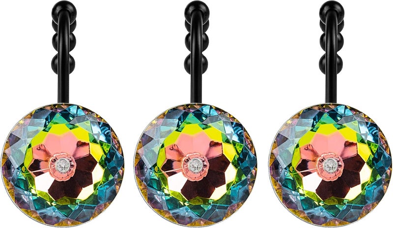 Sunlit Luxury Design Glitter Round Colorful Diamond Crystal Gem Bling with Glide Balls Shower Curtain Hooks, Rust Proof Metal Rhinestones Glam Shower Curtain Rings with Black Hooks, Set of 12 - Image 2