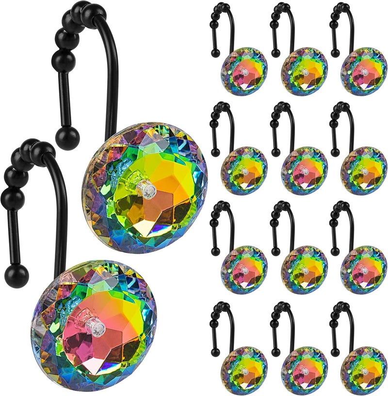 Sunlit Luxury Design Glitter Round Colorful Diamond Crystal Gem Bling with Glide Balls Shower Curtain Hooks, Rust Proof Metal Rhinestones Glam Shower Curtain Rings with Black Hooks, Set of 12 - Image 1