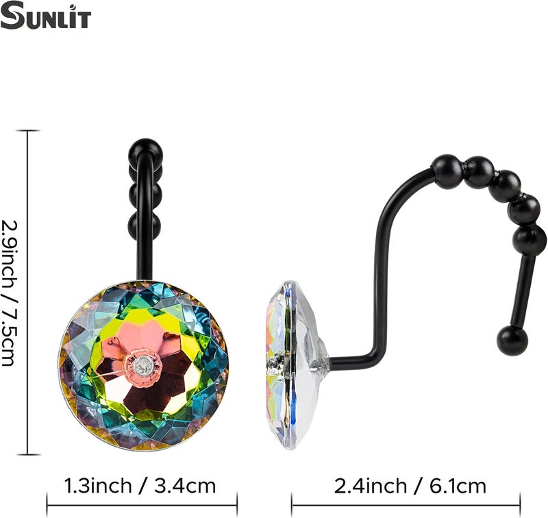 Sunlit Luxury Design Glitter Round Colorful Diamond Crystal Gem Bling with Glide Balls Shower Curtain Hooks, Rust Proof Metal Rhinestones Glam Shower Curtain Rings with Black Hooks, Set of 12 - Image 4