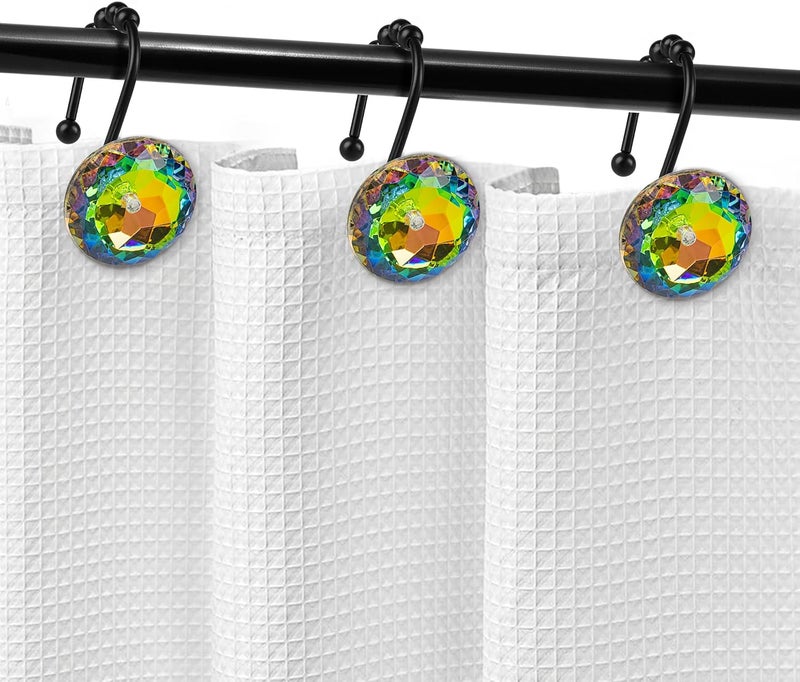 Sunlit Luxury Design Glitter Round Colorful Diamond Crystal Gem Bling with Glide Balls Shower Curtain Hooks, Rust Proof Metal Rhinestones Glam Shower Curtain Rings with Black Hooks, Set of 12 - Image 5