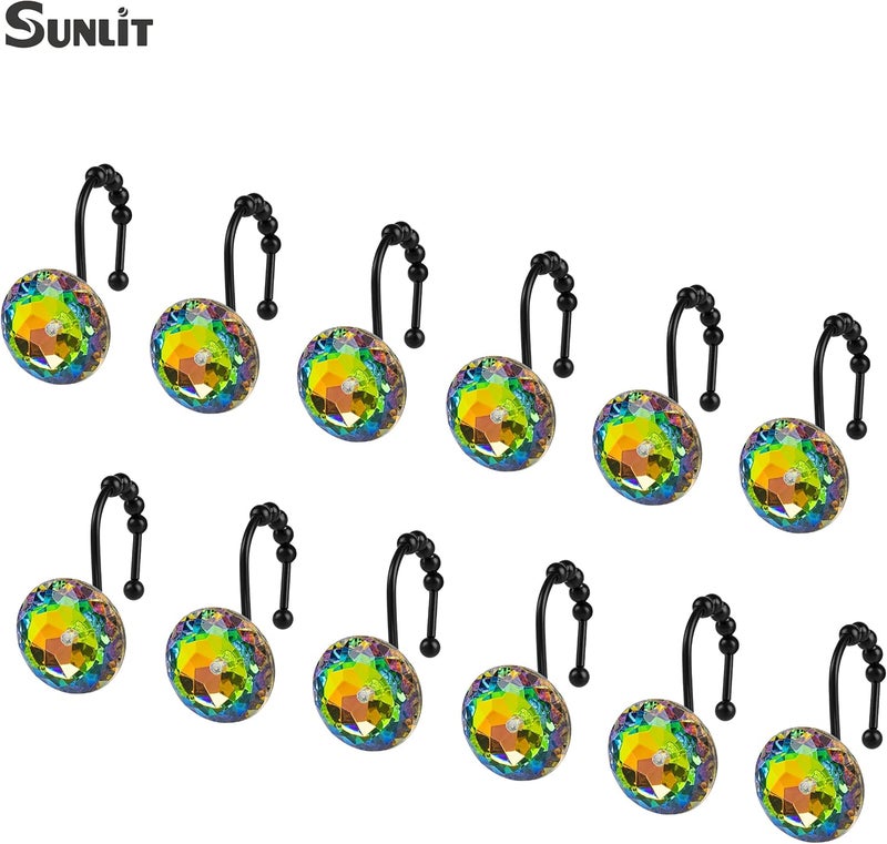 Sunlit Luxury Design Glitter Round Colorful Diamond Crystal Gem Bling with Glide Balls Shower Curtain Hooks, Rust Proof Metal Rhinestones Glam Shower Curtain Rings with Black Hooks, Set of 12 - Image 3