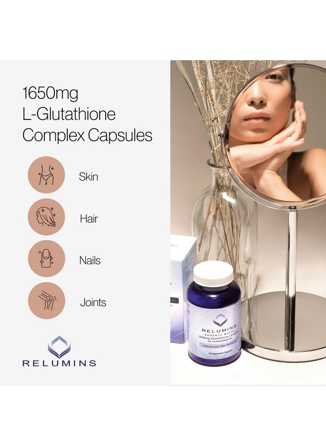 RELUMINS - Relumins 1650mg Reduced Glutathione Complex with Hyaluronic Acid, Alpha Lipoic Acid, Rose HIPS, Riboflavin, & Vitamin E Supplement - 90 Veggie Capsules x 1 Bottle - Proprietary Blend - Image 1