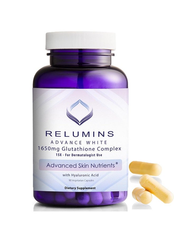 RELUMINS - Relumins 1650mg Reduced Glutathione Complex with Hyaluronic Acid, Alpha Lipoic Acid, Rose HIPS, Riboflavin, & Vitamin E Supplement - 90 Veggie Capsules x 1 Bottle - Proprietary Blend - Image 1