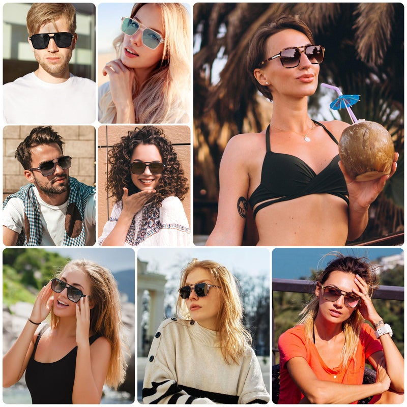 Fozono Retro Aviator Sunglasses for Women Men Trendy Classic Square 70s 80s 90s Vintage Shades Double Bridge Aviators FZN813 Black/Gray - Image 2