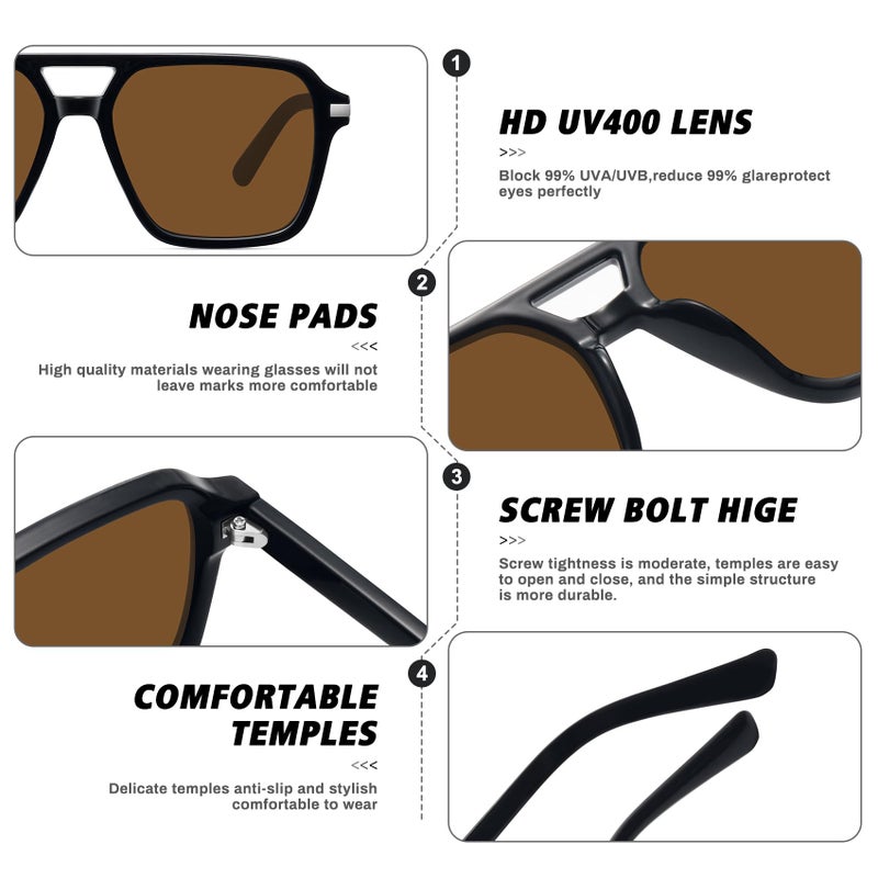 Fozono Retro Aviator Sunglasses for Women Men Trendy Classic Square 70s 80s 90s Vintage Shades Double Bridge Aviators FZN813 Black/Gray - Image 5