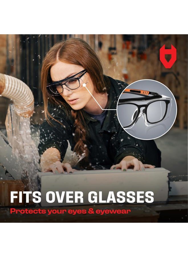 NoCry Over-Glasses Safety Glasses - with Clear Anti-Scratch Wraparound Lenses, Adjustable Arms, Side Shields, UV400 Protection, ANSI Z87 & OSHA Certified, Black and Orange Frames - Image 3