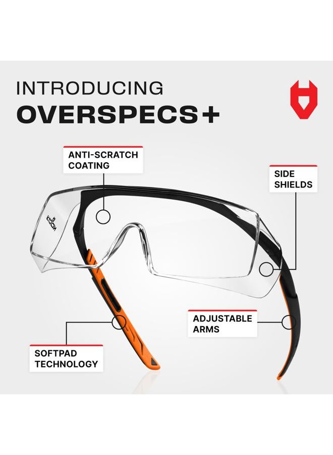 NoCry Over-Glasses Safety Glasses - with Clear Anti-Scratch Wraparound Lenses, Adjustable Arms, Side Shields, UV400 Protection, ANSI Z87 & OSHA Certified, Black and Orange Frames - Image 2