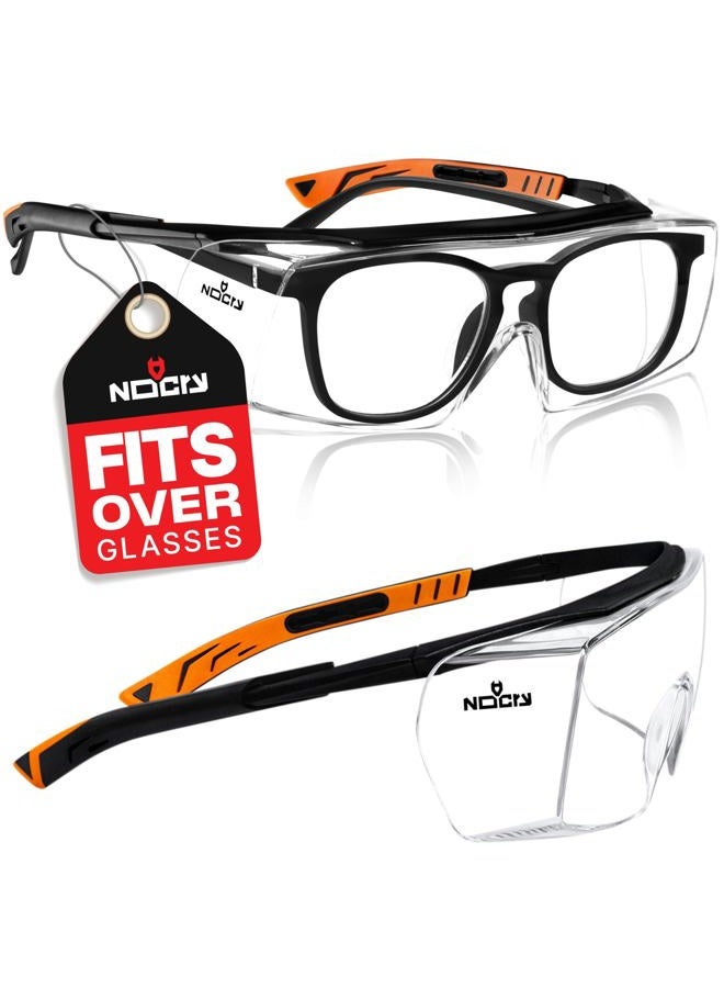 NoCry Over-Glasses Safety Glasses - with Clear Anti-Scratch Wraparound Lenses, Adjustable Arms, Side Shields, UV400 Protection, ANSI Z87 & OSHA Certified, Black and Orange Frames - Image 1