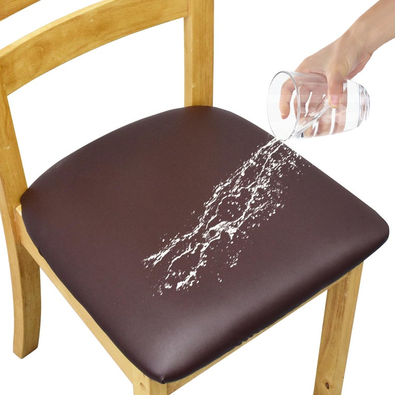 Eeaivnm Leather Stretch Chair Seat Covers with Elastic Ties Waterproof Dining Room PU Leather Chair Cover Seats Removable Washable Chair Protector Seat Cushion Slipcovers for Home Kitchen (Coffee  2 PCS) - Image 1