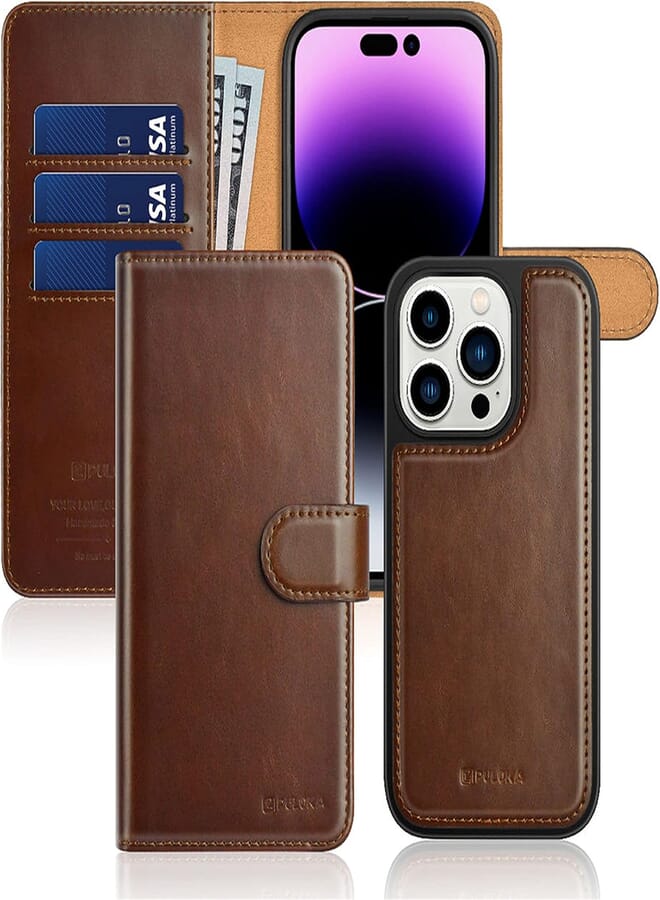 PULOKA PULOKA iPhone 14 Pro Max Leather Flip Cover Case | 2 in 1 Detachable Wallet Case with Card Holder for iPhone 14 Pro Max - Brown