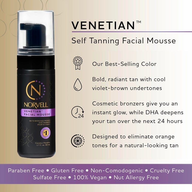 Norvell Venetian Sunless Facial Self Tanner Mousse with Bronzer 1.7 fl oz â€“ Instant Natural Looking Fake Tan, Anti Orange, Streak Free, Long Lasting Sunless Bronzing Glow - Image 2