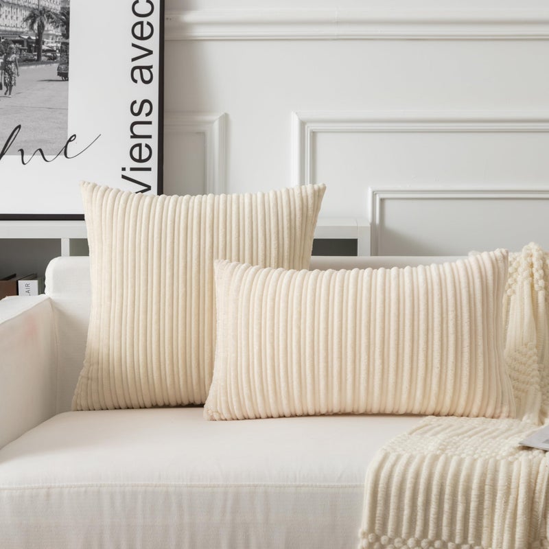 UGS UGASA UGASA 14x24 Inch Pillow Cover Pack of 1 Soft Boho Stripe Corduroy Long Rectangular Lumbar Cushion Cover Farmhouse Decorative Throw Pillowcase for Bed, Couch, Sofa, Bedroom, Living Room, Cream - Image 2