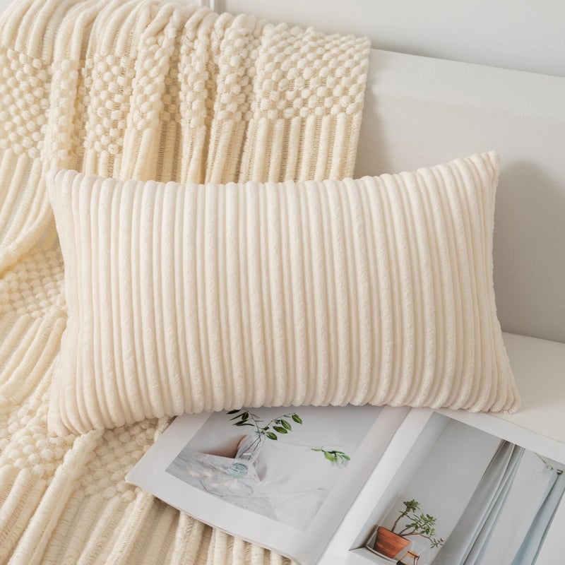 UGS UGASA UGASA 14x24 Inch Pillow Cover Pack of 1 Soft Boho Stripe Corduroy Long Rectangular Lumbar Cushion Cover Farmhouse Decorative Throw Pillowcase for Bed, Couch, Sofa, Bedroom, Living Room, Cream - Image 1