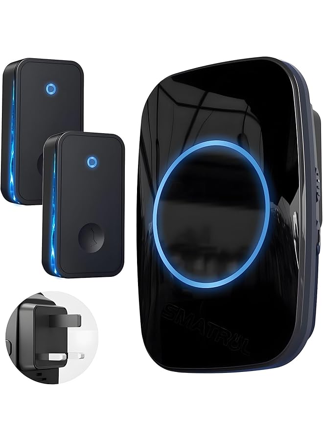 promass Wireless Doorbell, 5 Level Volumes Ring Doorbell, Black Waterproof Door Bell Kit with 2 Press Self-Powered Transmitter 1 Plug-in LED Flashing Receivers, 60 Chimes Wireless for Home, Office - Image 1