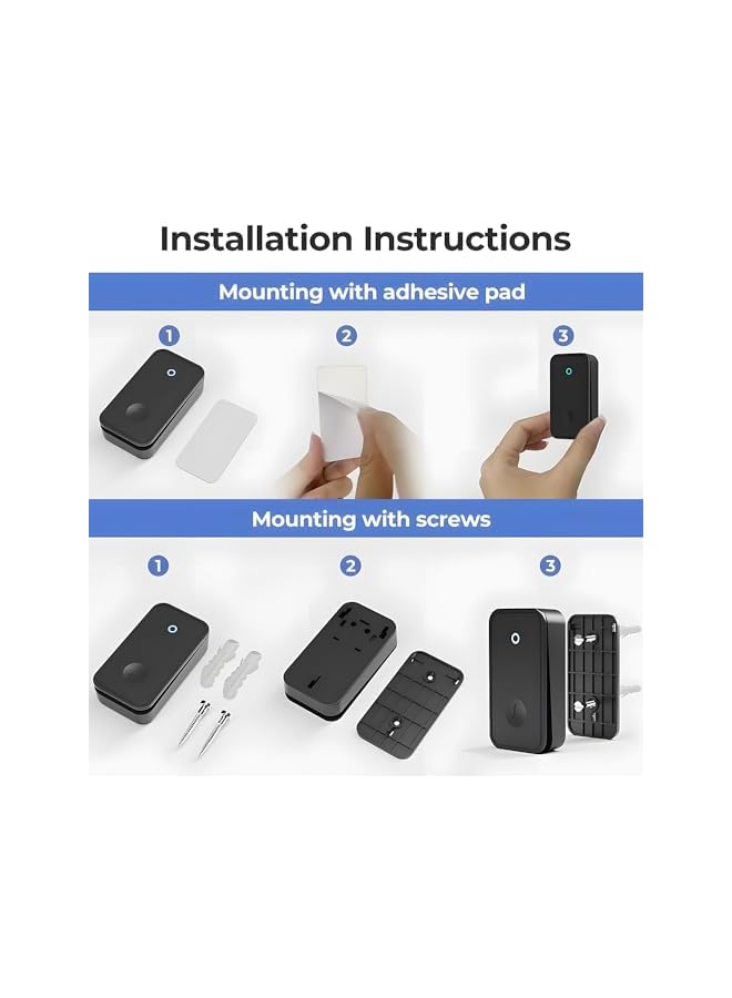 promass Wireless Doorbell, 5 Level Volumes Ring Doorbell, Black Waterproof Door Bell Kit with 2 Press Self-Powered Transmitter 1 Plug-in LED Flashing Receivers, 60 Chimes Wireless for Home, Office - Image 5