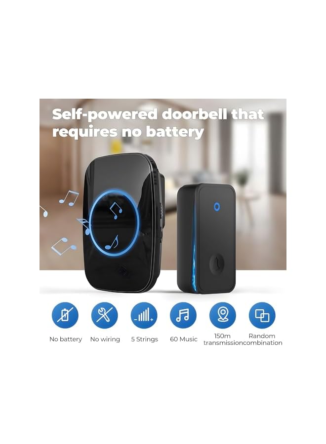 promass Wireless Doorbell, 5 Level Volumes Ring Doorbell, Black Waterproof Door Bell Kit with 2 Press Self-Powered Transmitter 1 Plug-in LED Flashing Receivers, 60 Chimes Wireless for Home, Office - Image 2