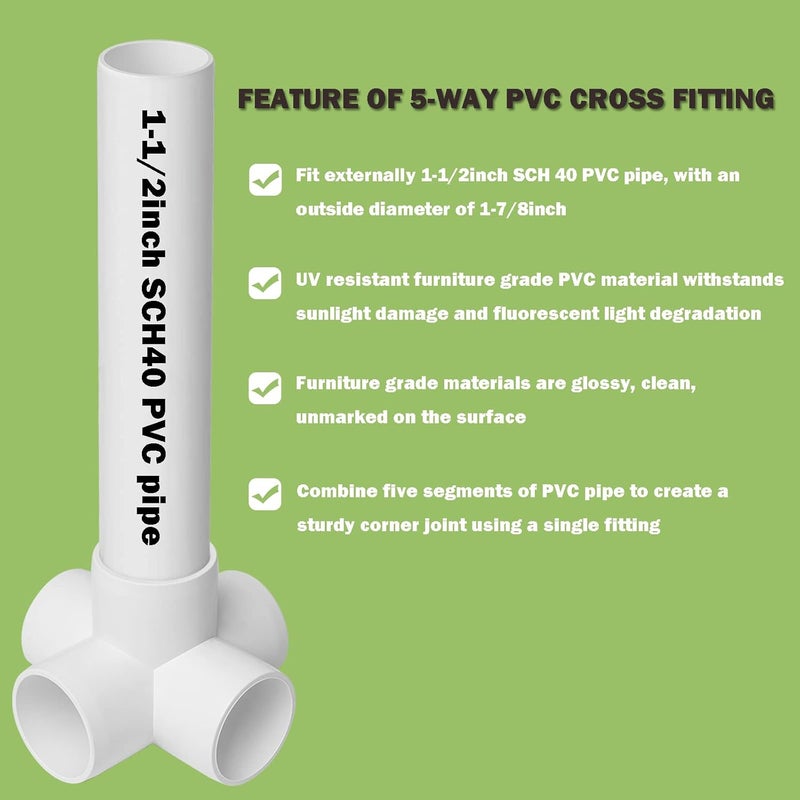 AODESTINY 6Pack 5 Way PVC Fittings 1-1/2Inch, SCH40 Furniture Grade Elbow Fittings for 1-1/2Inch PVC Pipe, Elbow Pipe Fitting Connector for Garden Enclosures Dog Agility Jumps Greenhouse - Image 3