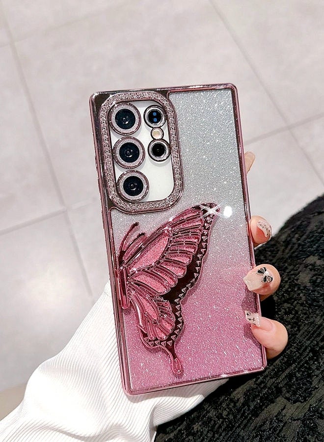for Samsung S25 Ultra Case，Full Camera Lens Protector，Sparkly Butterfly，Diamond Edge，Glitter Bling Gradient Samsung S25 Ultra Cover，Elegant Shockproof Phone Case for Women Girls，Pink  - Image 3