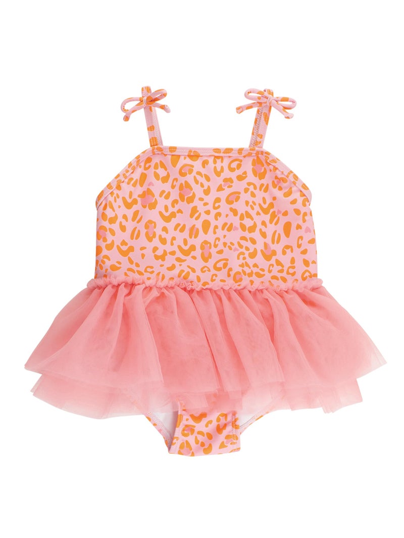 RuffleButts Girls UPF50+ Sun Protection Peplum Smocked Bodice/Tulle Skirted One Piece Swimsuit - Pink Leopard, 2T - Image 1