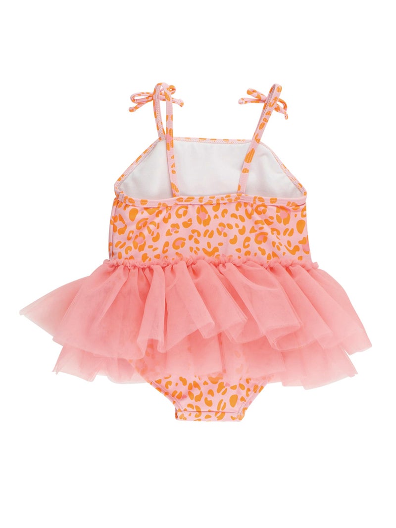RuffleButts Girls UPF50+ Sun Protection Peplum Smocked Bodice/Tulle Skirted One Piece Swimsuit - Pink Leopard, 2T - Image 3