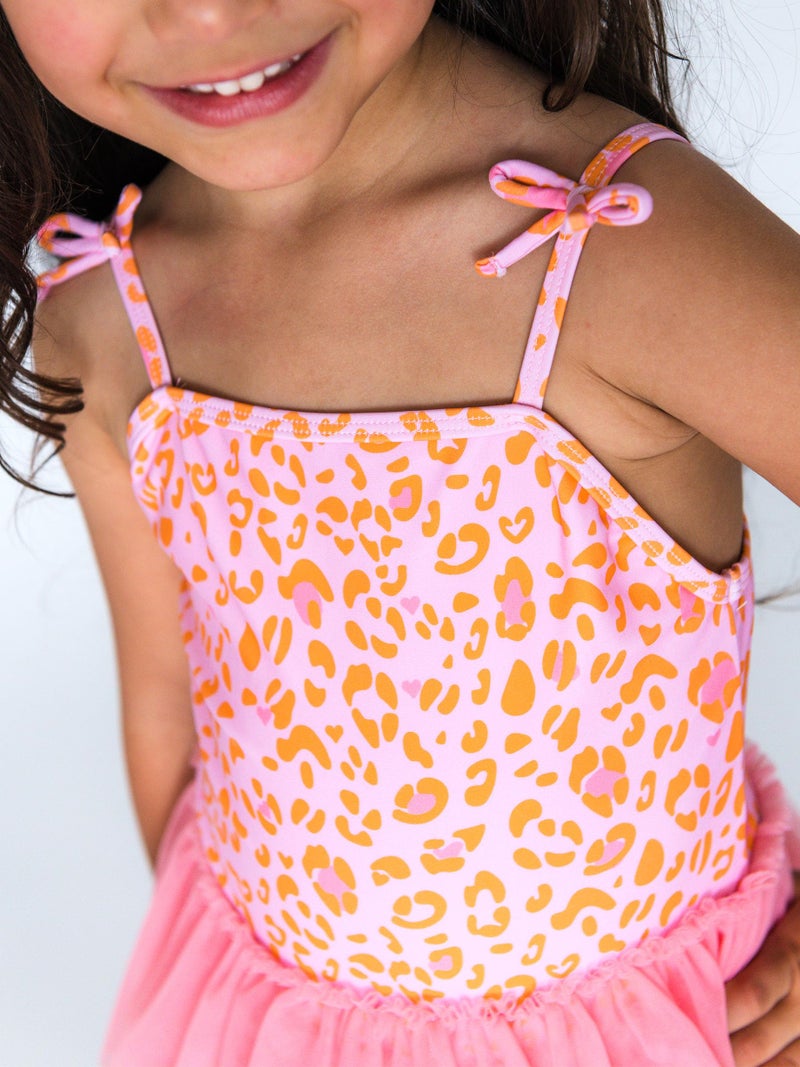 RuffleButts Girls UPF50+ Sun Protection Peplum Smocked Bodice/Tulle Skirted One Piece Swimsuit - Pink Leopard, 2T - Image 2
