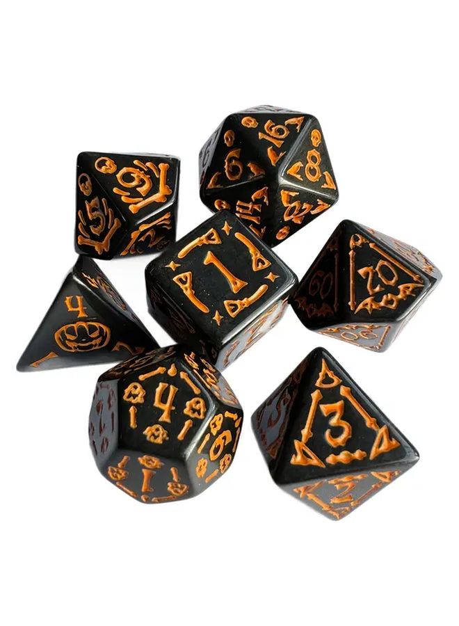 Black Dot Orange Oil Pattern 7 Pcs Halloween DND Dice Set For RPG Game Party - Image 1