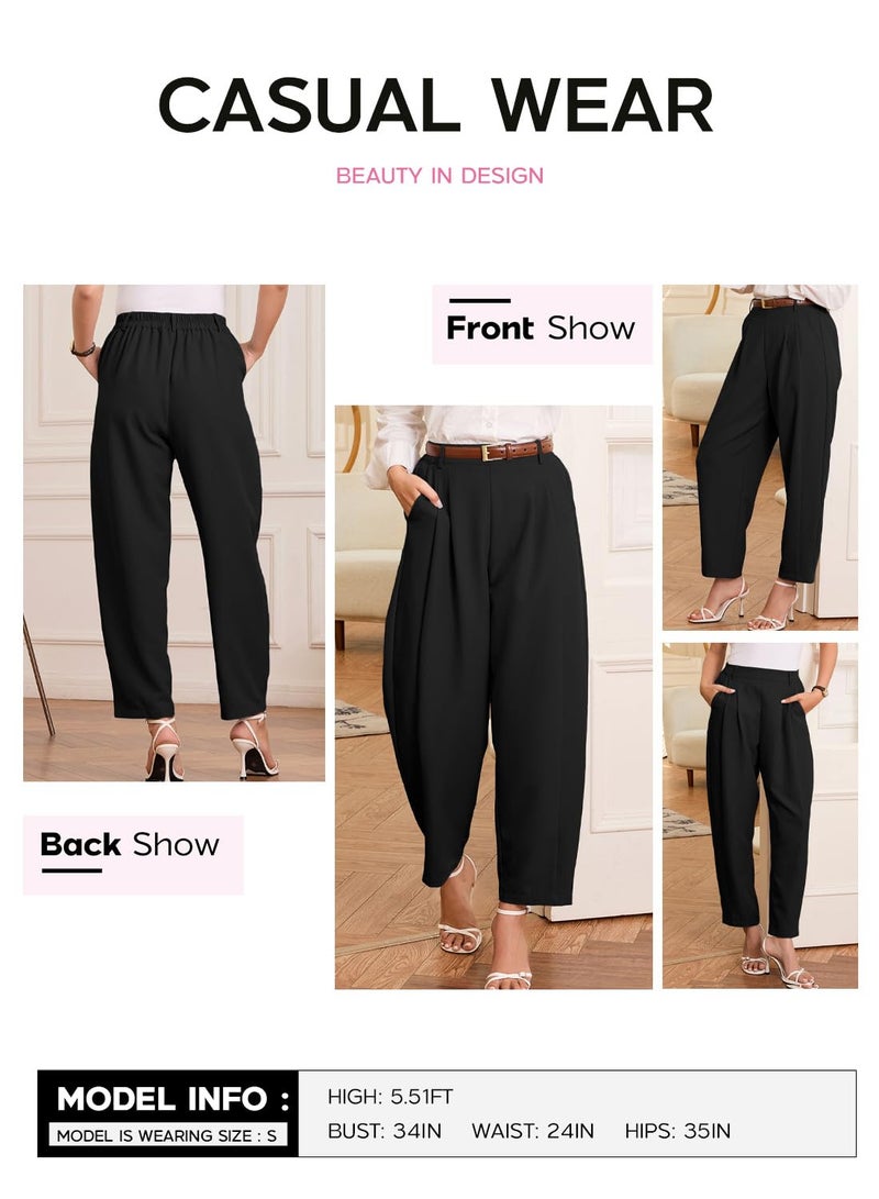 EVALESS Women's Wide Leg Barrel Pants Elastic High Waisted Palazzo Trousers Business Casual Slacks with Pockets 2025 Trendy Ankle Length Baggy Work Pants Black Large - Image 4
