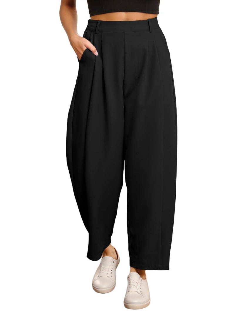 EVALESS Women's Wide Leg Barrel Pants Elastic High Waisted Palazzo Trousers Business Casual Slacks with Pockets 2025 Trendy Ankle Length Baggy Work Pants Black Large - Image 1