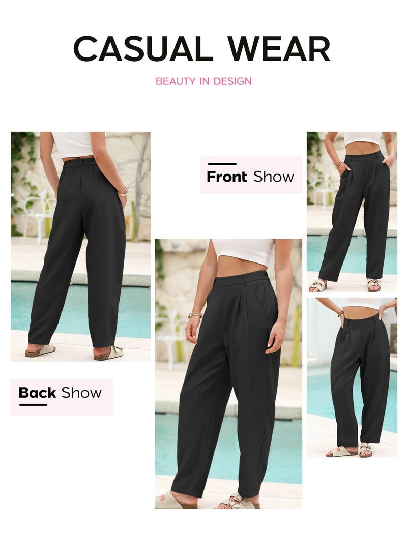 EVALESS Women's Wide Leg Barrel Pants Elastic High Waisted Palazzo Trousers Business Casual Slacks with Pockets 2025 Trendy Ankle Length Baggy Work Pants Black Large - Image 5