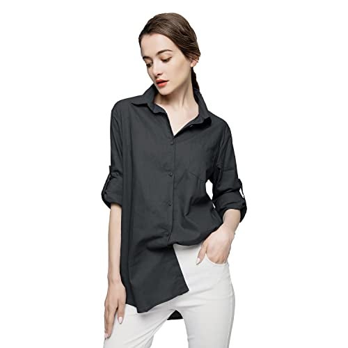 Minibee Women's Linen Blouse High Low Shirt Roll-Up Sleeve Tops Black L - Image 2