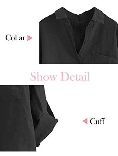 Minibee Women's Linen Blouse High Low Shirt Roll-Up Sleeve Tops Black L - Image 3