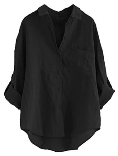 Minibee Women's Linen Blouse High Low Shirt Roll-Up Sleeve Tops Black L - Image 5