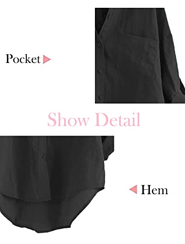 Minibee Women's Linen Blouse High Low Shirt Roll-Up Sleeve Tops Black L - Image 4