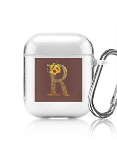 Classic Clear printed Case for Apple Airpods 2 / 1 Soft TPU Gel Thin Transparent Flexible Cover - Custom Monogram Initial Letter Mandala Floral Pattern Alphabet - R (Brown )