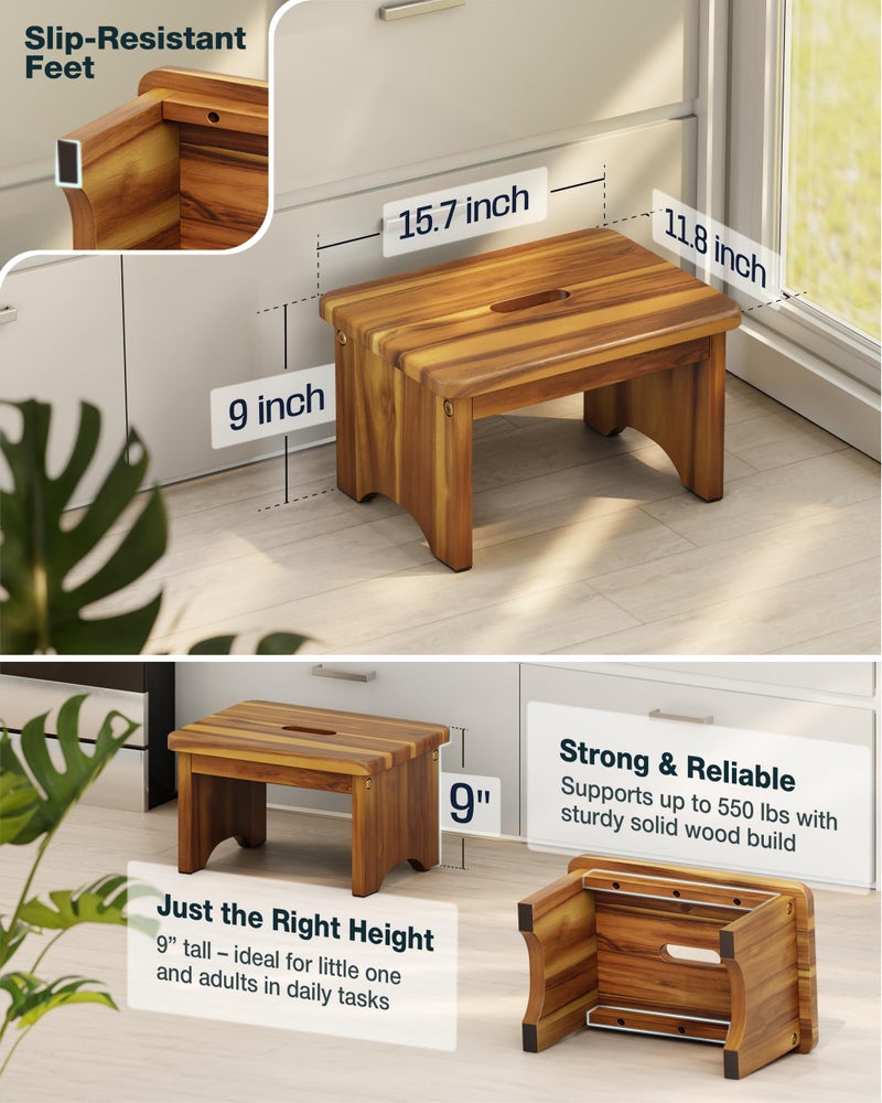 FANATU Wooden Step Stool, 9'' One Step Stool for Adults, Wooden Beside Step with 550 Lbs Load Capacity, Heavy Duty/Portable/Nonslip/Durable Construction Safe Step for Bedroom/Kitchen - Image 3
