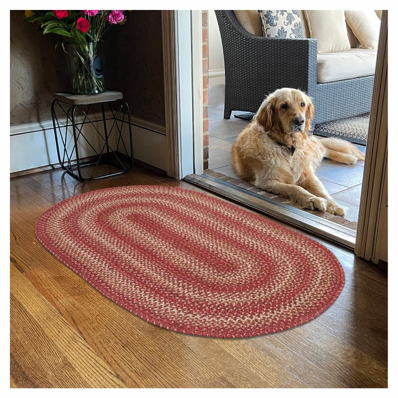 Homespice 27x45 Red Oval Braided Rug Apple Pie Red Jute Oval Rug Uses Entryway Kitchen Rugs Bathroom Rugs Reversible Rustic Country Primitive Farmhouse Decor Rug