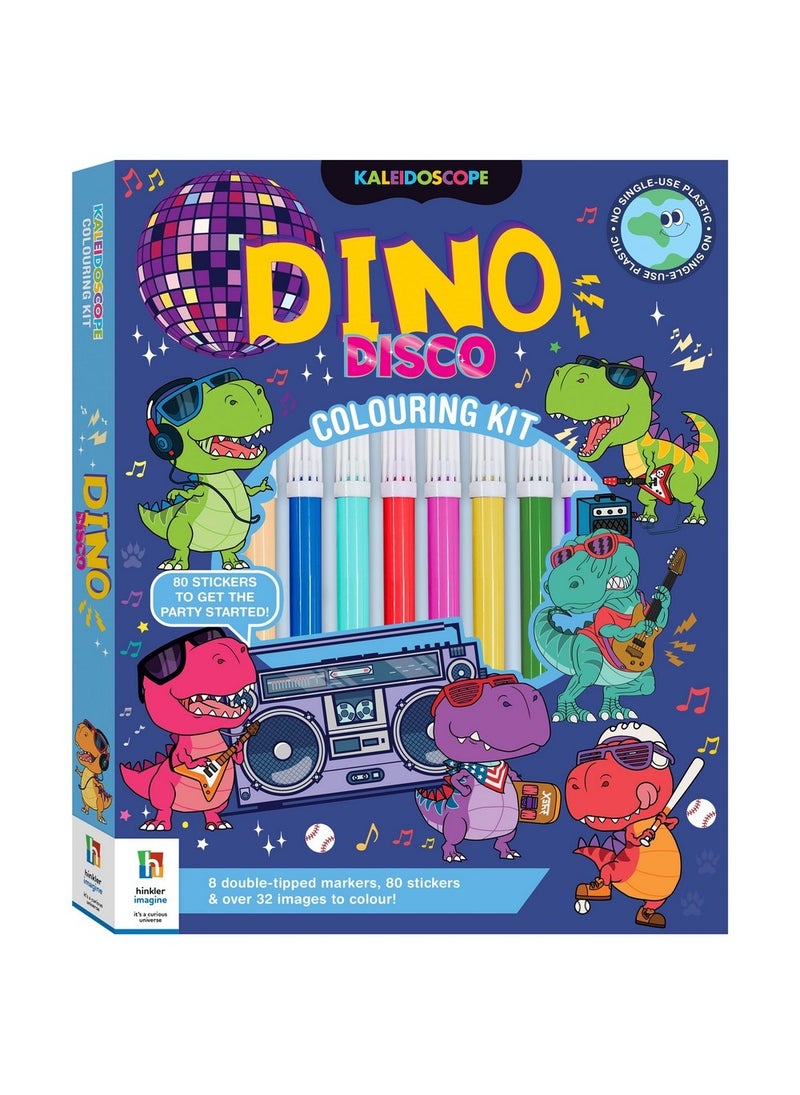Hinkler مجموعة تلوين دينو ديسكو من هينكلر كاليودوسكوب - مجموعة تلوين ممتعة بموضوع الديناصورات والديسكو تشمل 8 أقلام تلوين مزدوجة الطرف وكتاب تلوين مكون من 32 صفحة، مجموعة فنون إبداعية للأطفال، تصاميم ديناصور ملونة - Image 1