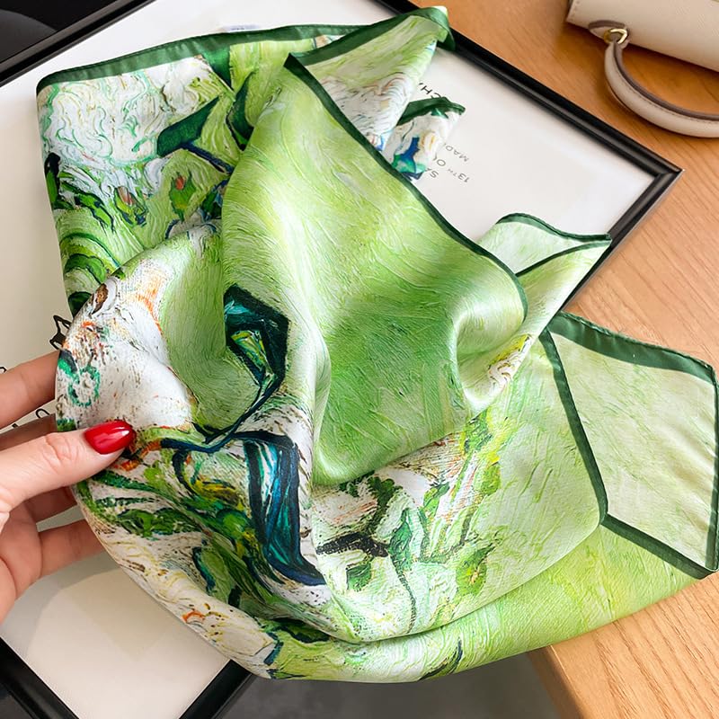 MEISEE 100% Mulberry Silk Scarfs Small Square Scarf 21" x 21" Neck Scarf Breathable Lightweight for Women Gift Packed (23-green-oil paint) - Image 2