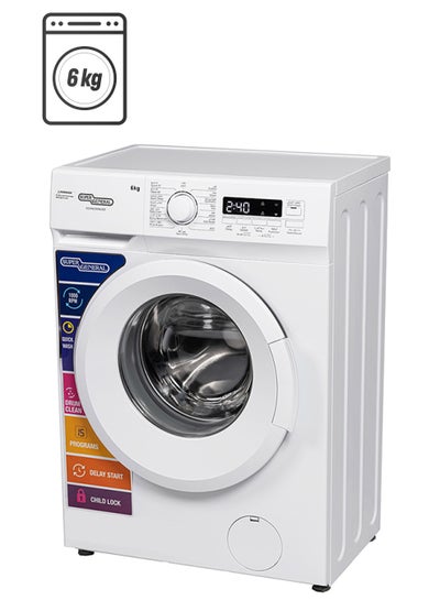 SUPER GENERAL 6Kg 1000 RPM Front Load Washing Machine LED Display With 5 Star Energy Efficient 15 Wash Programs Child Lock And Quick Wash 6 kg SGW6250NLED White