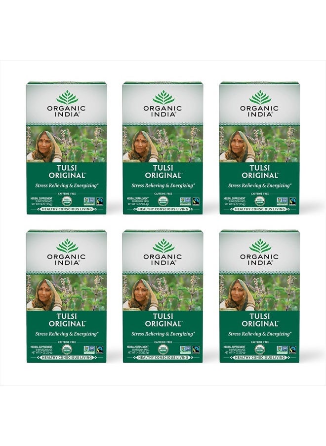 Organic India Tulsi Original Herbal Tea - Holy Basil and African Basil Calming and Stress Relief Tea, Immune Support, USDA Certified Organic, Non-GMO, Caffeine-Free - 18 Infusion Bags, 6 Pack  - Image 1