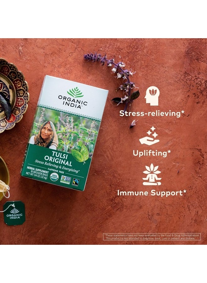 Organic India Tulsi Original Herbal Tea - Holy Basil and African Basil Calming and Stress Relief Tea, Immune Support, USDA Certified Organic, Non-GMO, Caffeine-Free - 18 Infusion Bags, 6 Pack  - Image 3