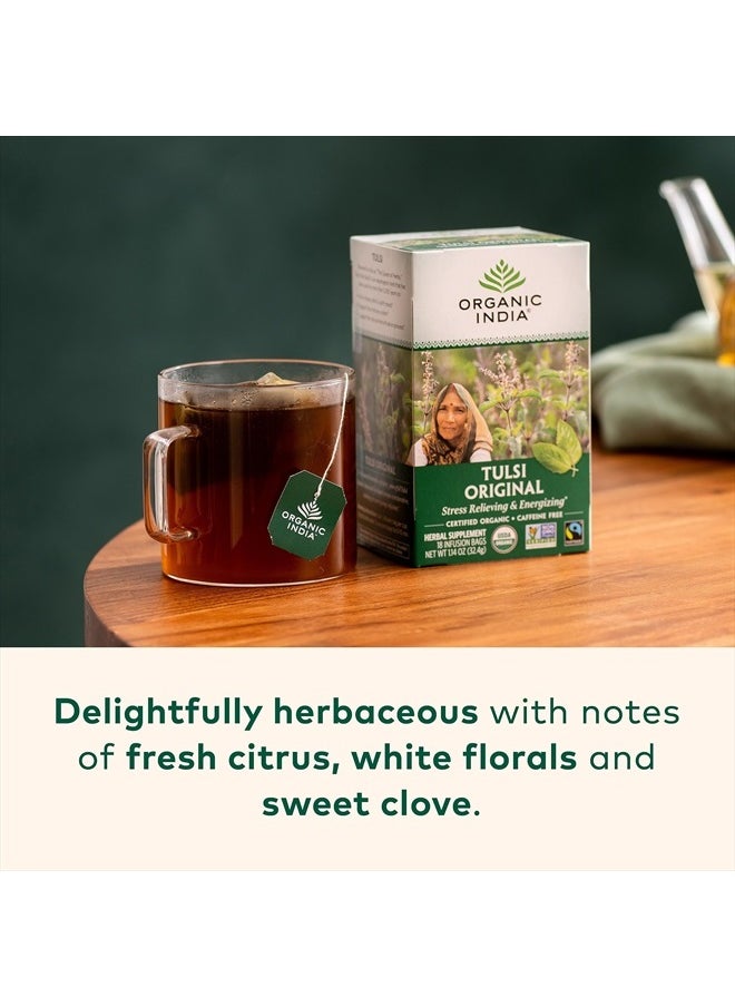 Organic India Tulsi Original Herbal Tea - Holy Basil and African Basil Calming and Stress Relief Tea, Immune Support, USDA Certified Organic, Non-GMO, Caffeine-Free - 18 Infusion Bags, 6 Pack  - Image 2