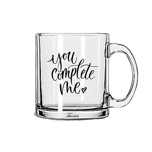 TONKWALAS You Complete Me Printed Transparent Glass Coffee and Tea Mug Gift for Romantic Valentine's Day, Gift for Couple, Wife, Husband (325 ML) - Image 1