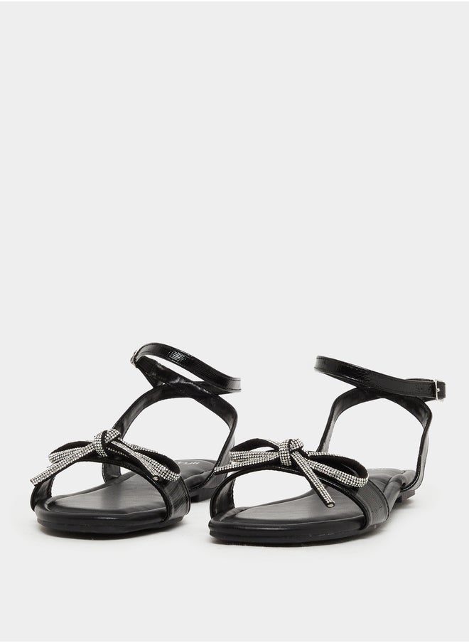 Styli Embellished Bow Detail Ankle Strap Flat Sandals  - Image 2